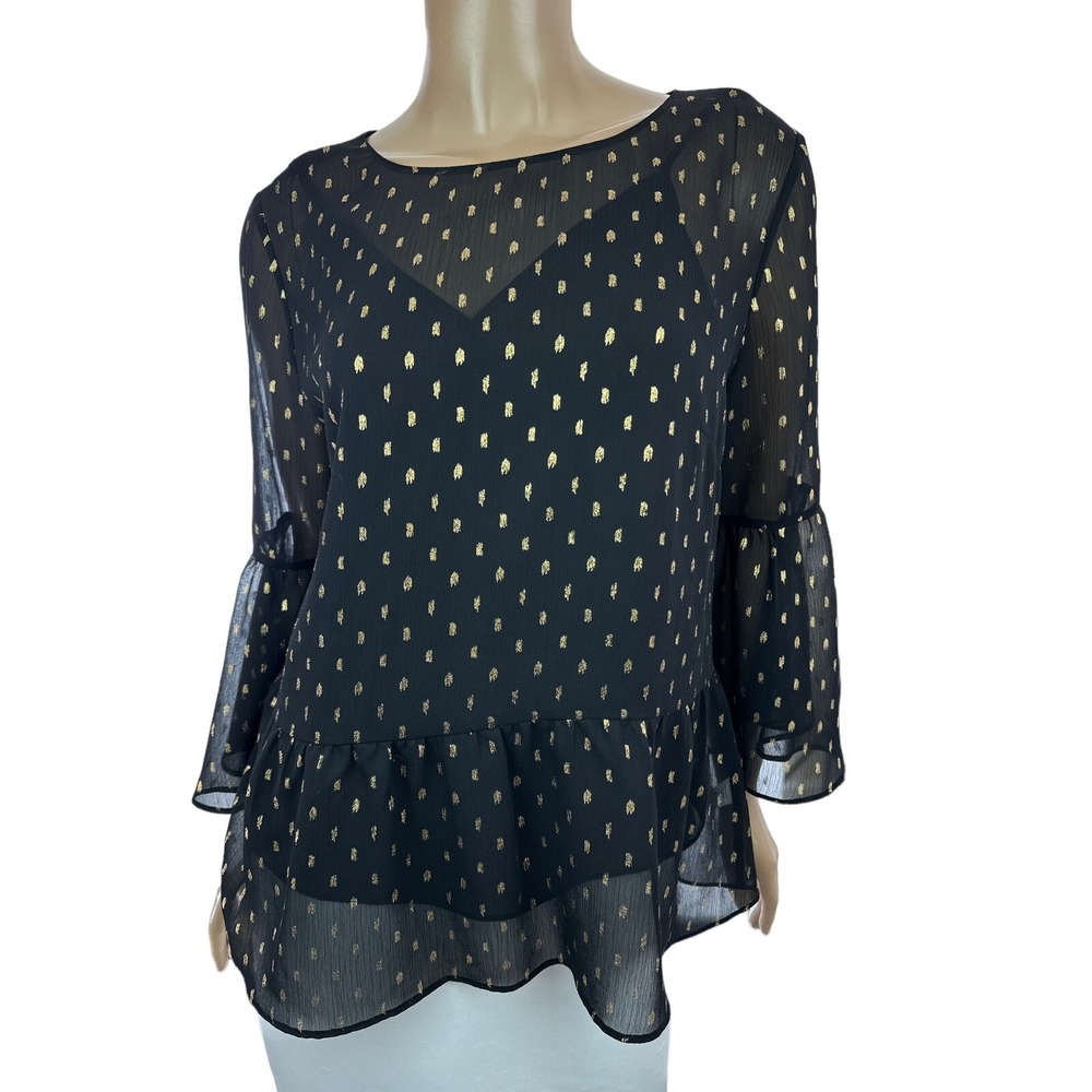 Halogen Sz S Blouse Black w Gold Pattern Overlay w/Camisole 3/4 Sleeve Polyester
